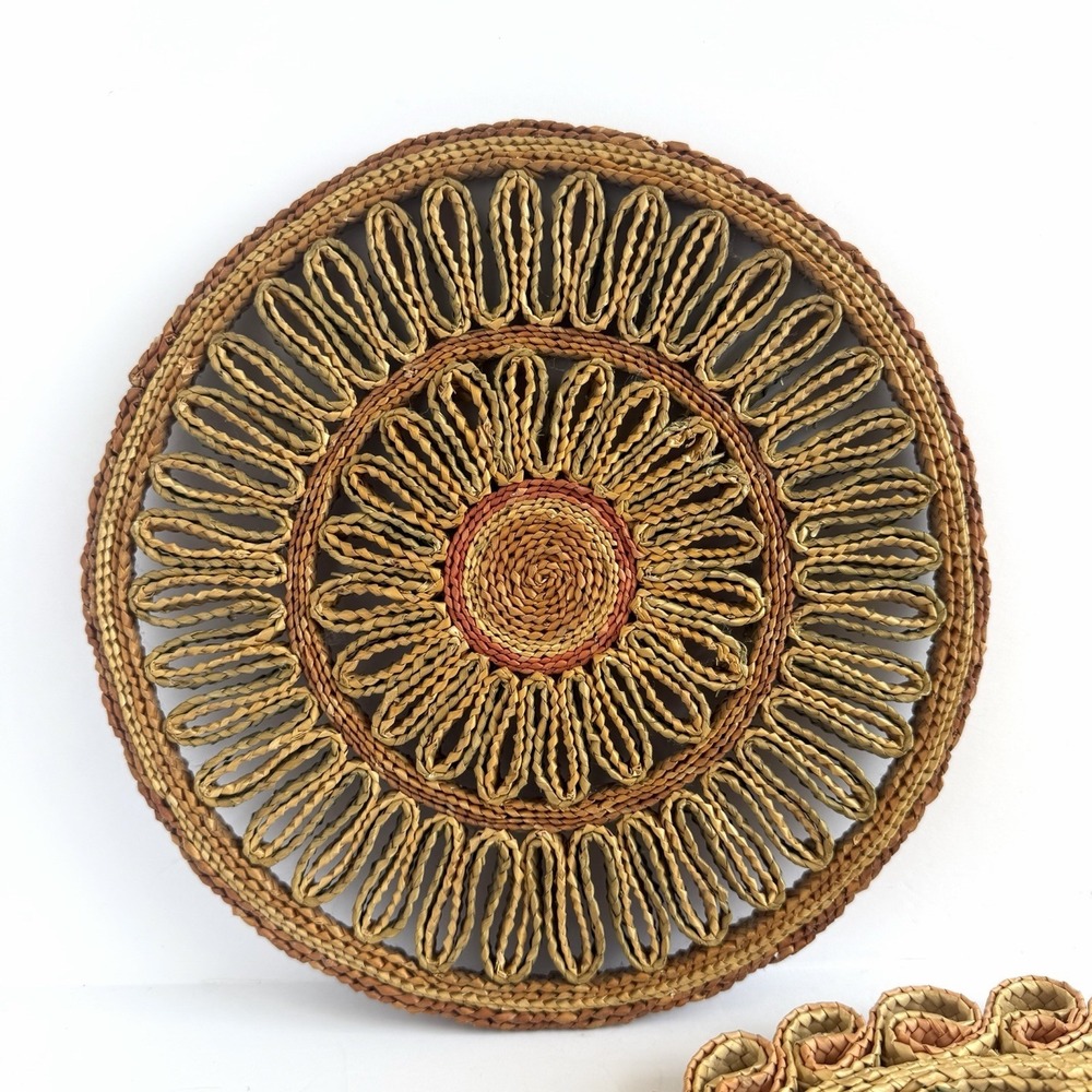 Vtg Raffia Straw Wicker Rattan Trivets Hot Pad Wall Decor Boho 3 Pc Cottagecore - Picture 3 of 7